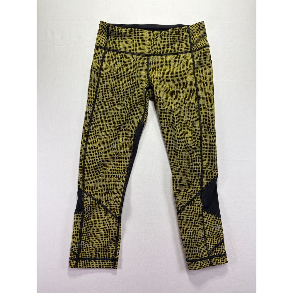 Lululemon Women's Size 6 Cropped Leggings Yellow Black Grid Pattern Activewear‎